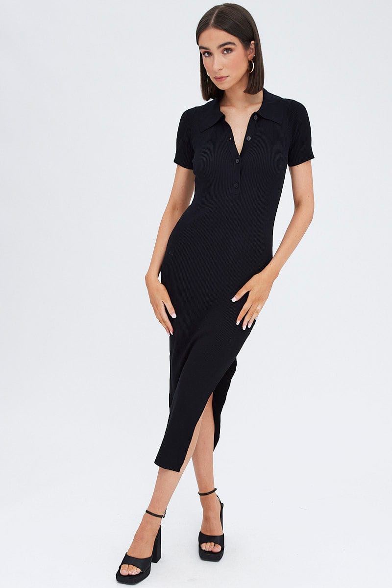Black Knit Dress Short Sleeve Maxi Collared Ally Fashion