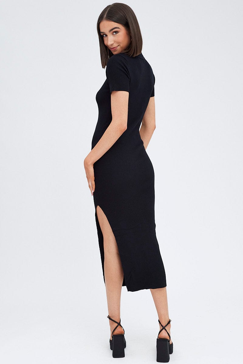 Black Knit Dress Short Sleeve Maxi Collared for Ally Fashion