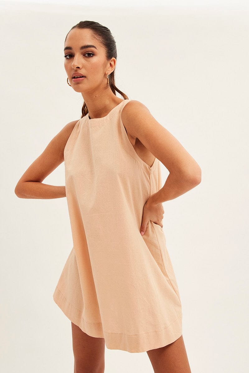 Beige Swing Dress Sleeveless for Ally Fashion