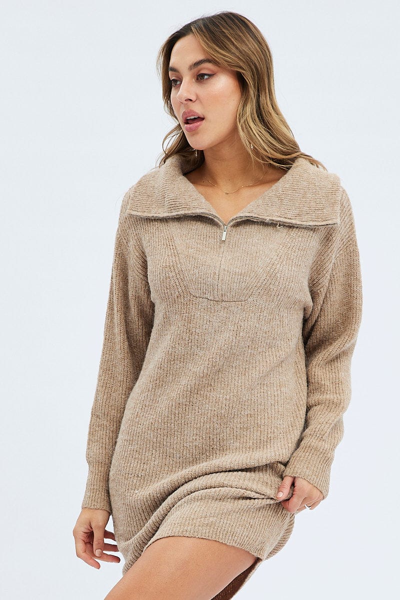 Camel Knit Dress Long Sleeve Turtleneck Zip for Ally Fashion