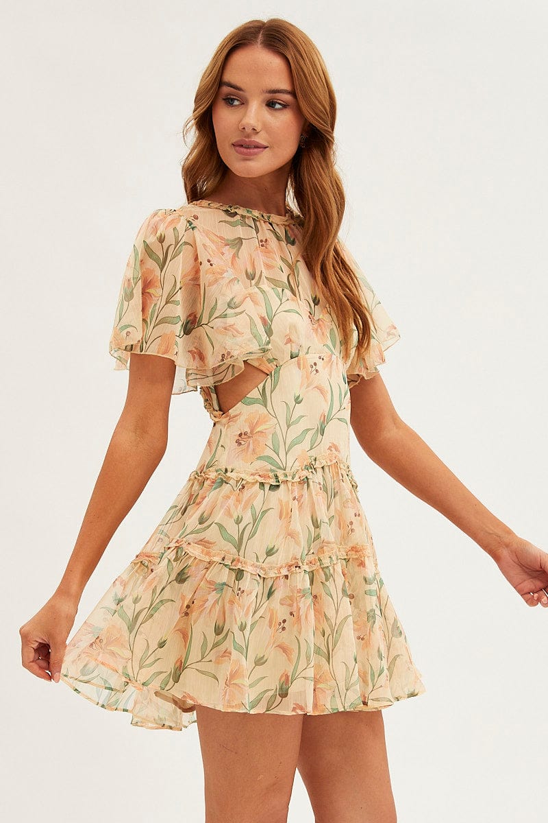 Orange Floral Fit And Flare Dress Short Sleeve Backless for Ally Fashion