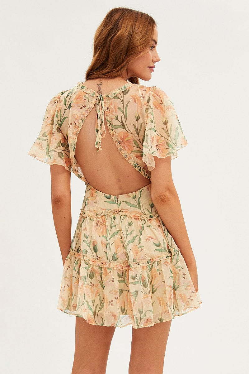 Orange Floral Fit And Flare Dress Short Sleeve Backless for Ally Fashion