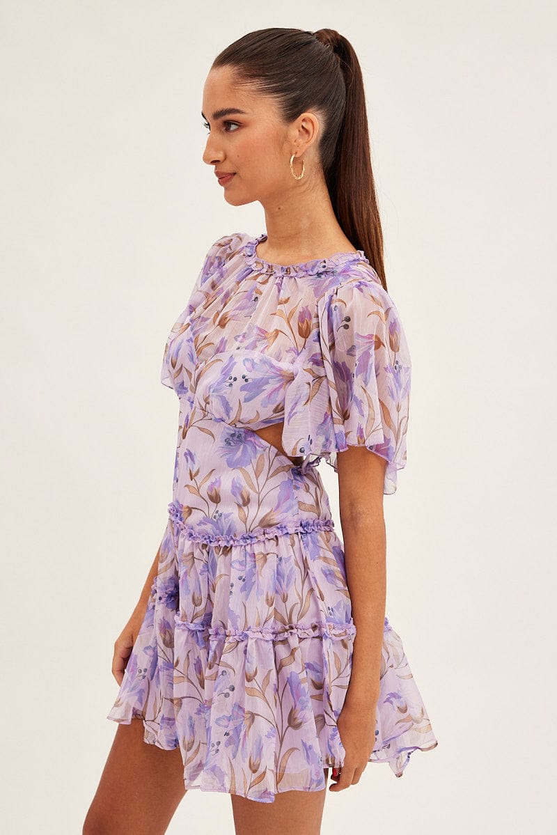 Blue Floral Fit And Flare Dress Short Sleeve Backless for Ally Fashion