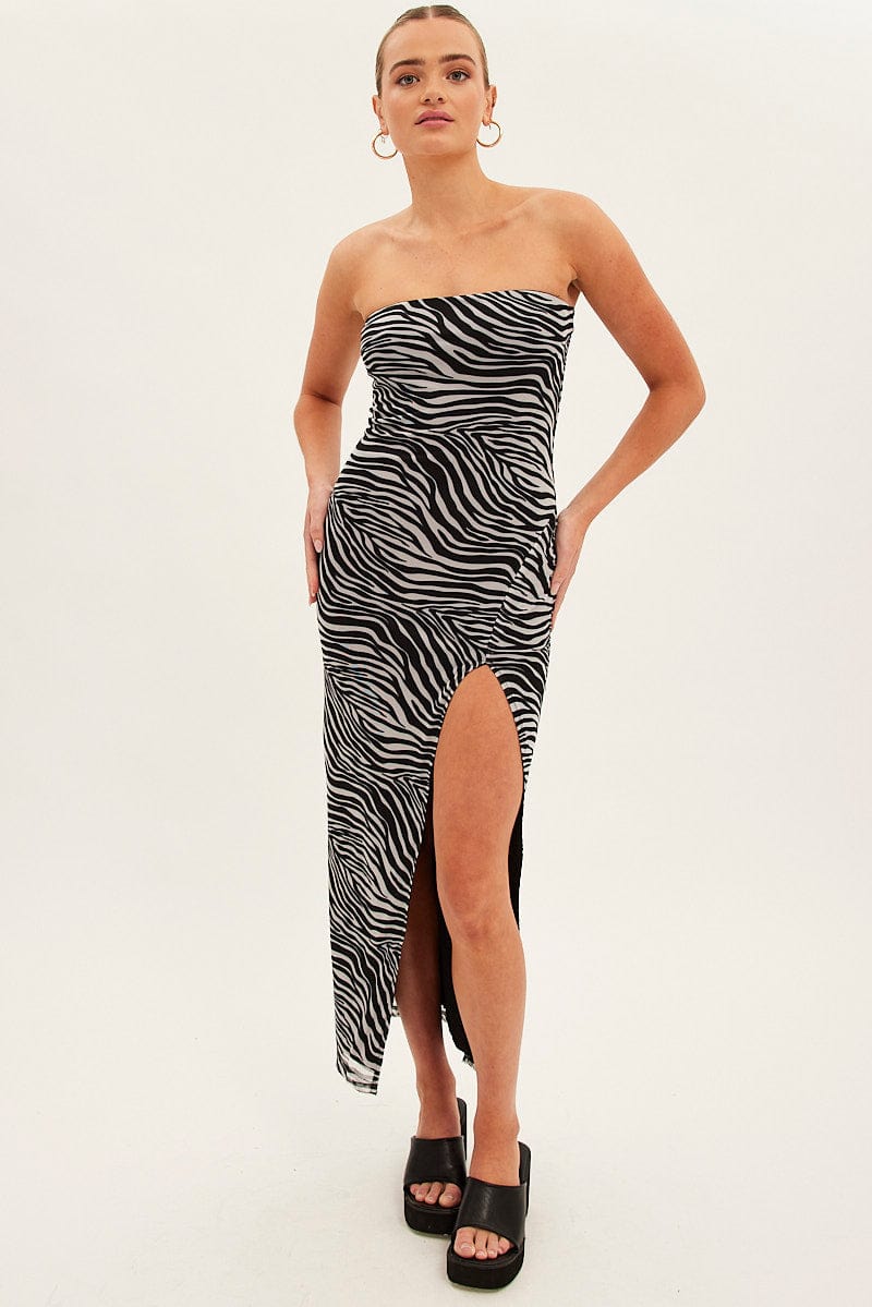 Black Animal Print Bodycon Dress Midi Strapless Side Split Mesh for Ally Fashion