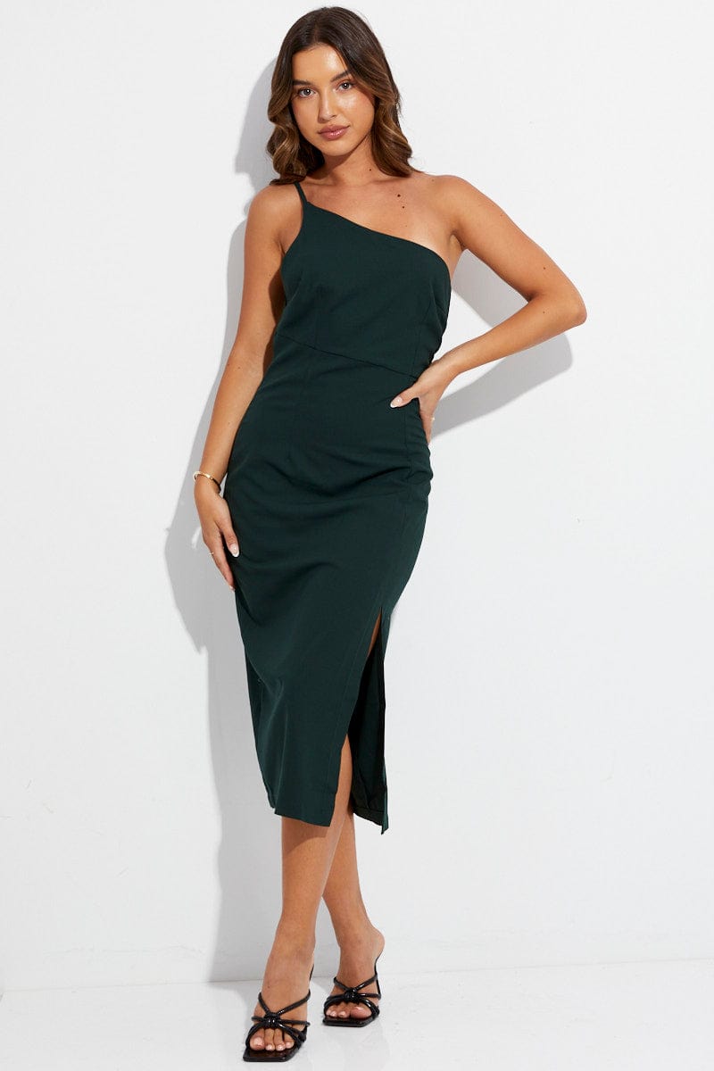 Green Midi Dress One Shoulder Asymmetric | Ally Fashion