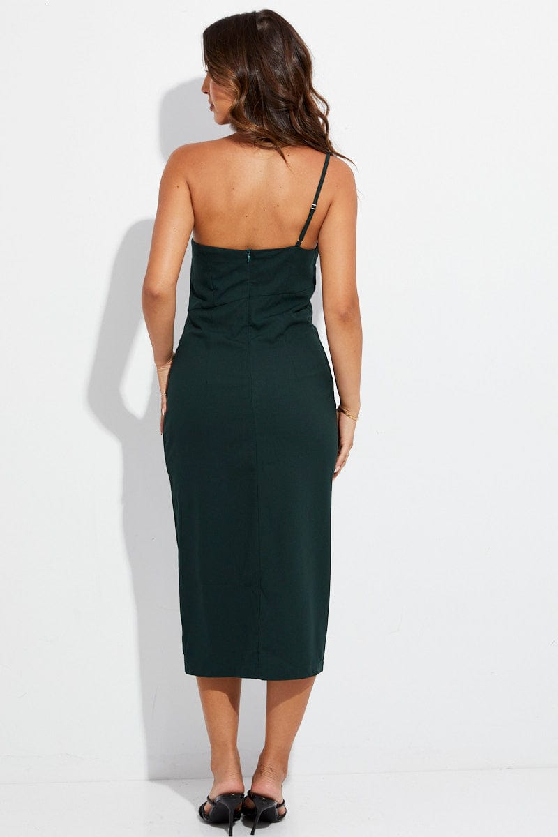 Green Midi Dress One Shoulder Asymmetric for Ally Fashion