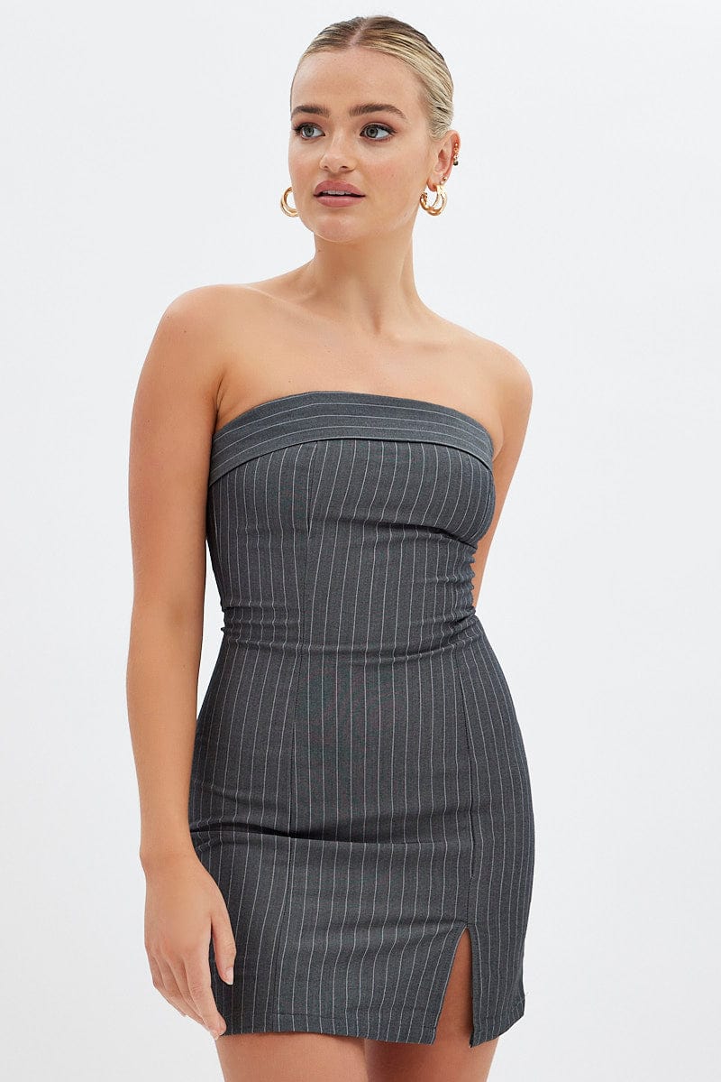 Grey Stripe Bodycon Dress Strapless Boob Tube Mini Ally Fashion