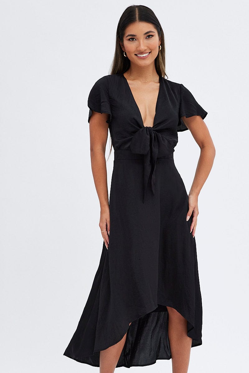 Black Midi Dress Short Sleeve Tie Back Satin | Ally Fashion