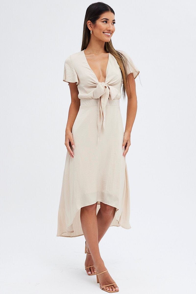 Beige Midi Dress Short Sleeve Tie Back Satin for Ally Fashion