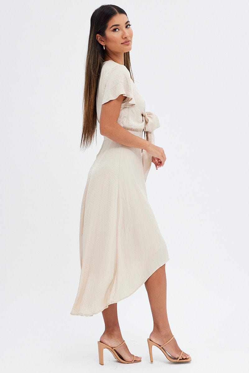 Beige Midi Dress Short Sleeve Tie Back Satin for Ally Fashion