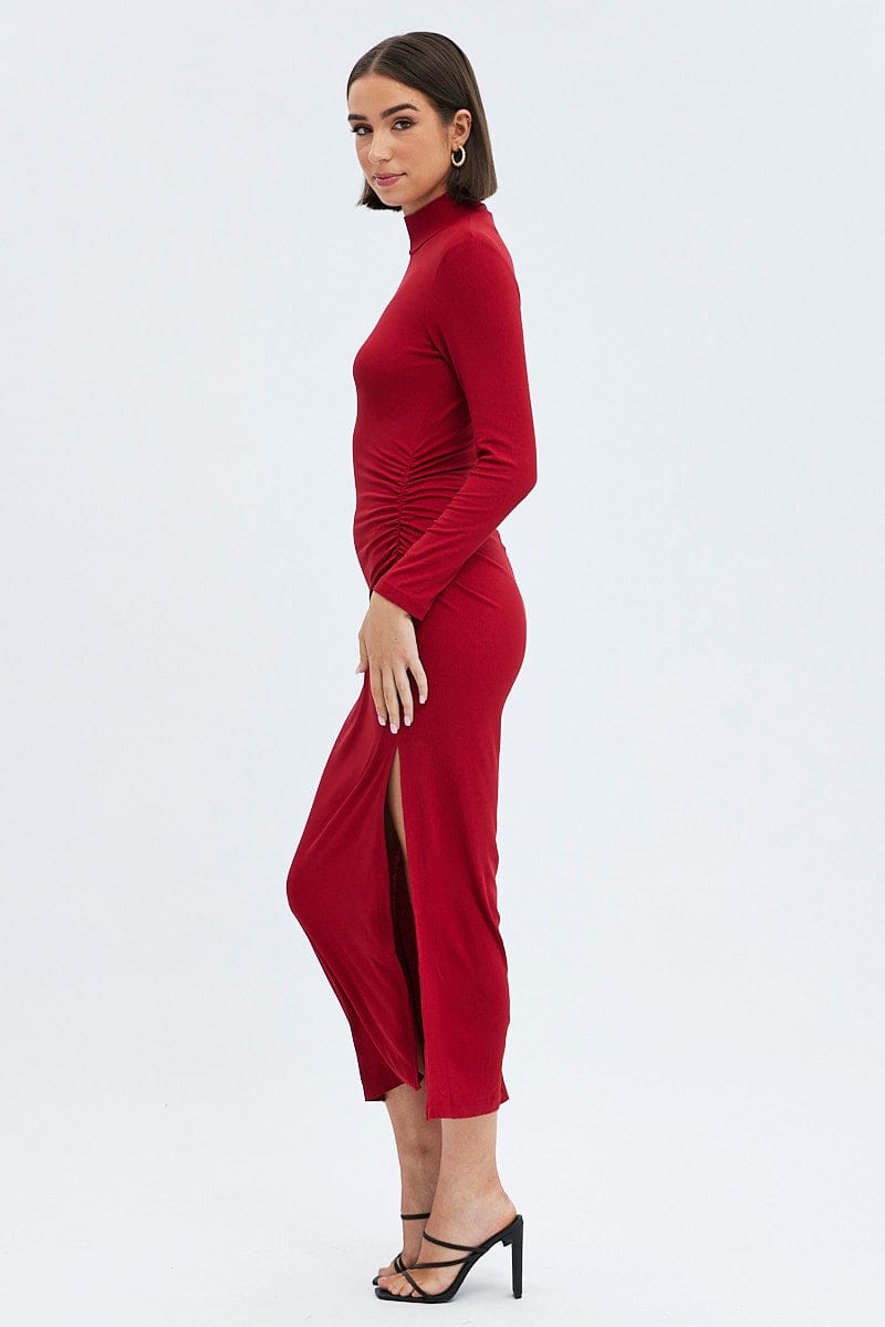 Red Midi Dress Long Sleeve High Neck Rib Jersey for Ally Fashion