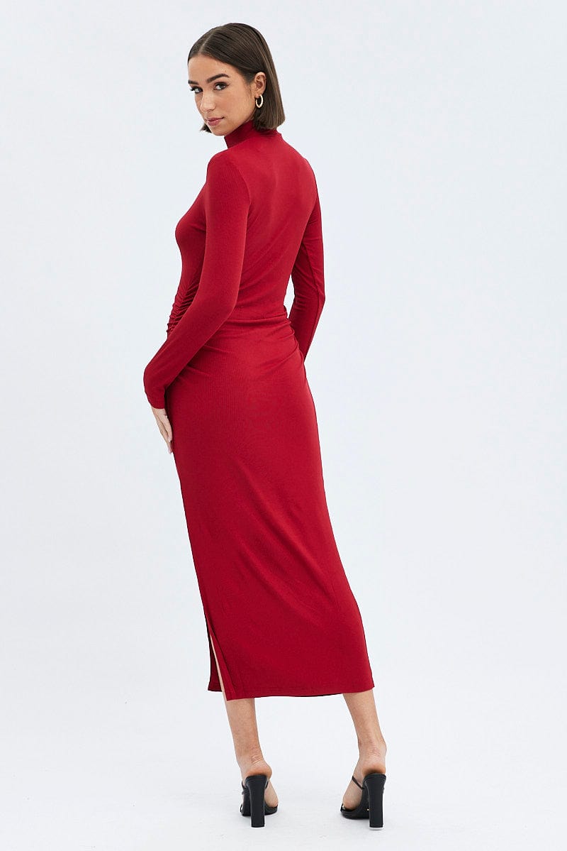 Red Midi Dress Long Sleeve High Neck Rib Jersey for Ally Fashion