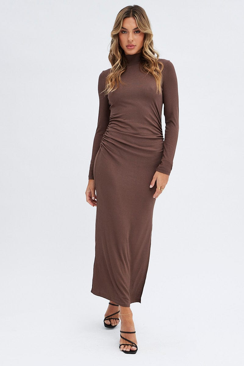 Brown Midi Dress Long Sleeve High Neck Rib Jersey for Ally Fashion