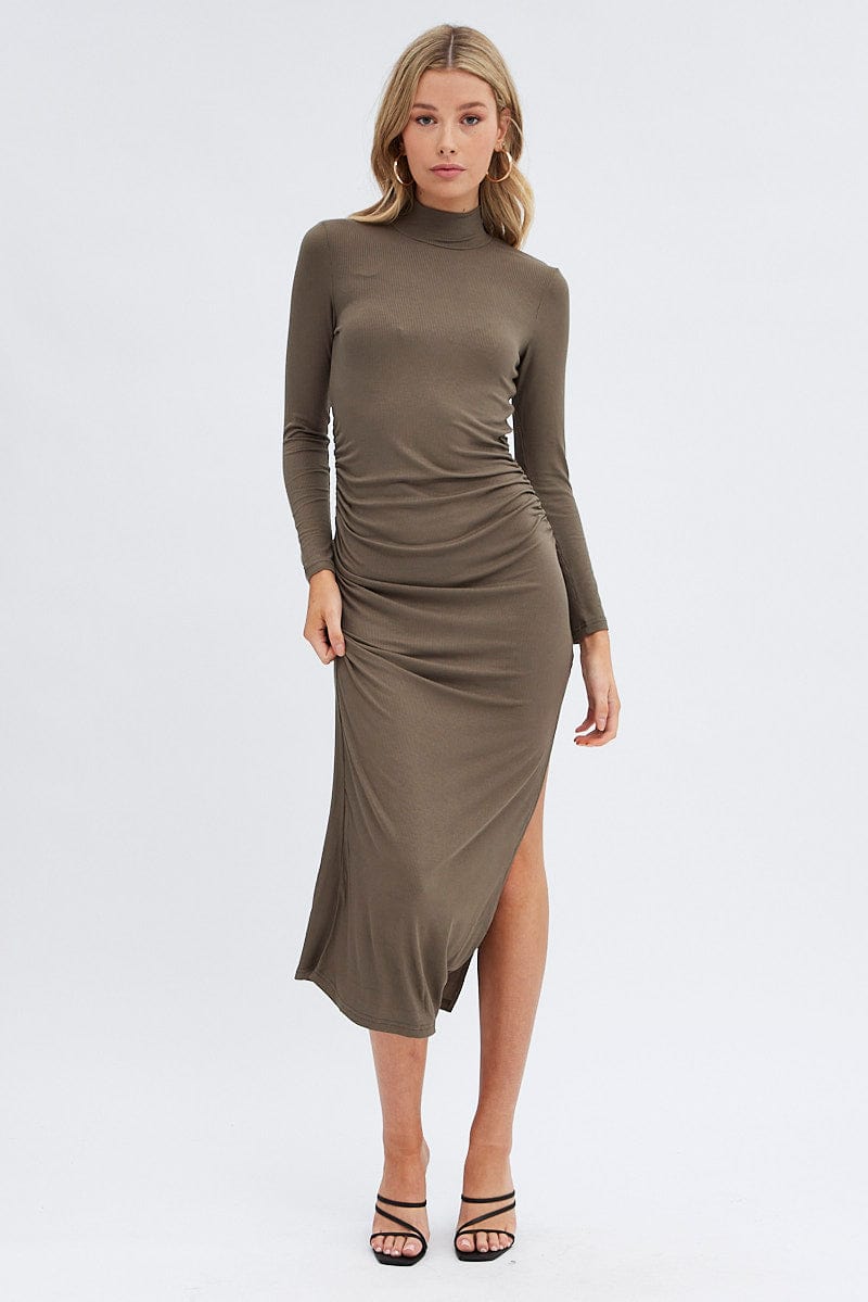 Green Midi Dress Long Sleeve High Neck Rib Jersey for Ally Fashion