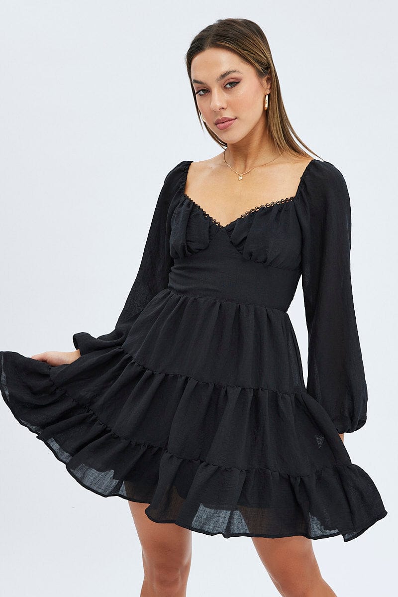 Black Fit and Flare Dress Long Sleeve Tiered for Ally Fashion