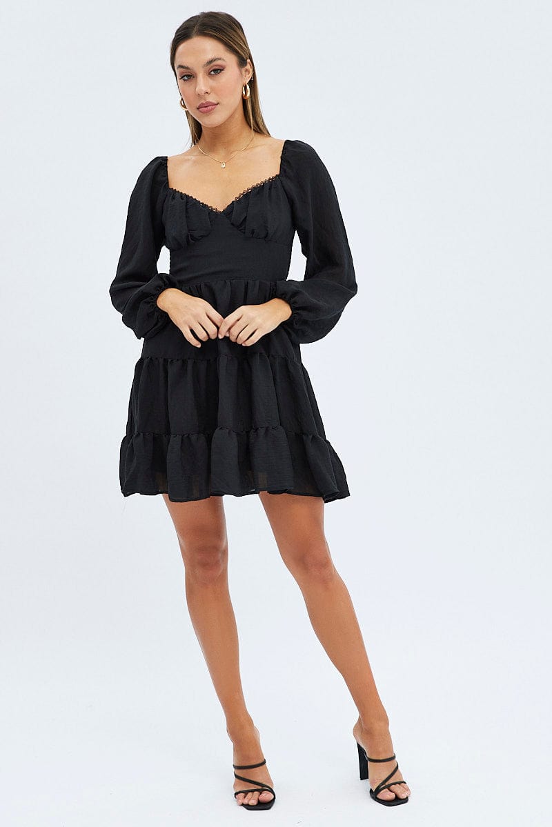 Black Fit and Flare Dress Long Sleeve Tiered | Ally Fashion