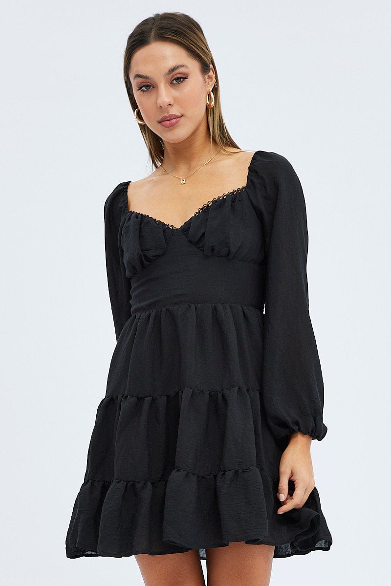 Black Fit and Flare Dress Long Sleeve Tiered for Ally Fashion