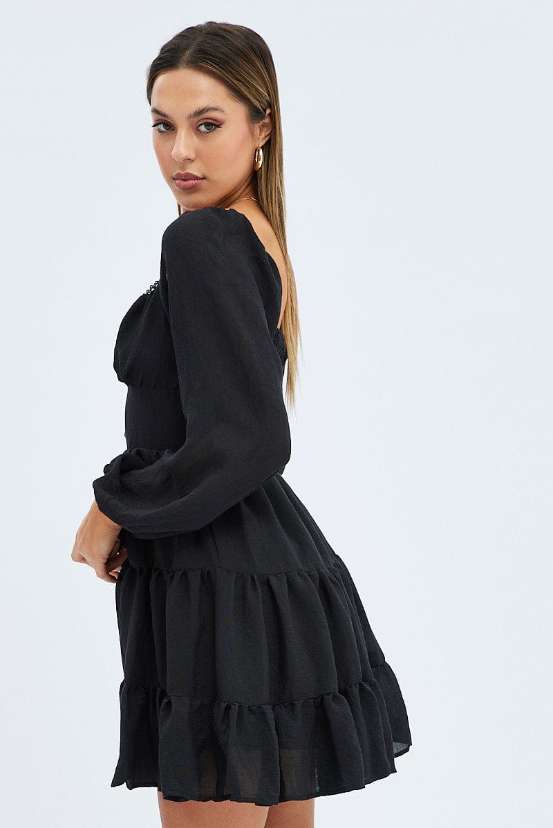 Black Fit and Flare Dress Long Sleeve Tiered for Ally Fashion