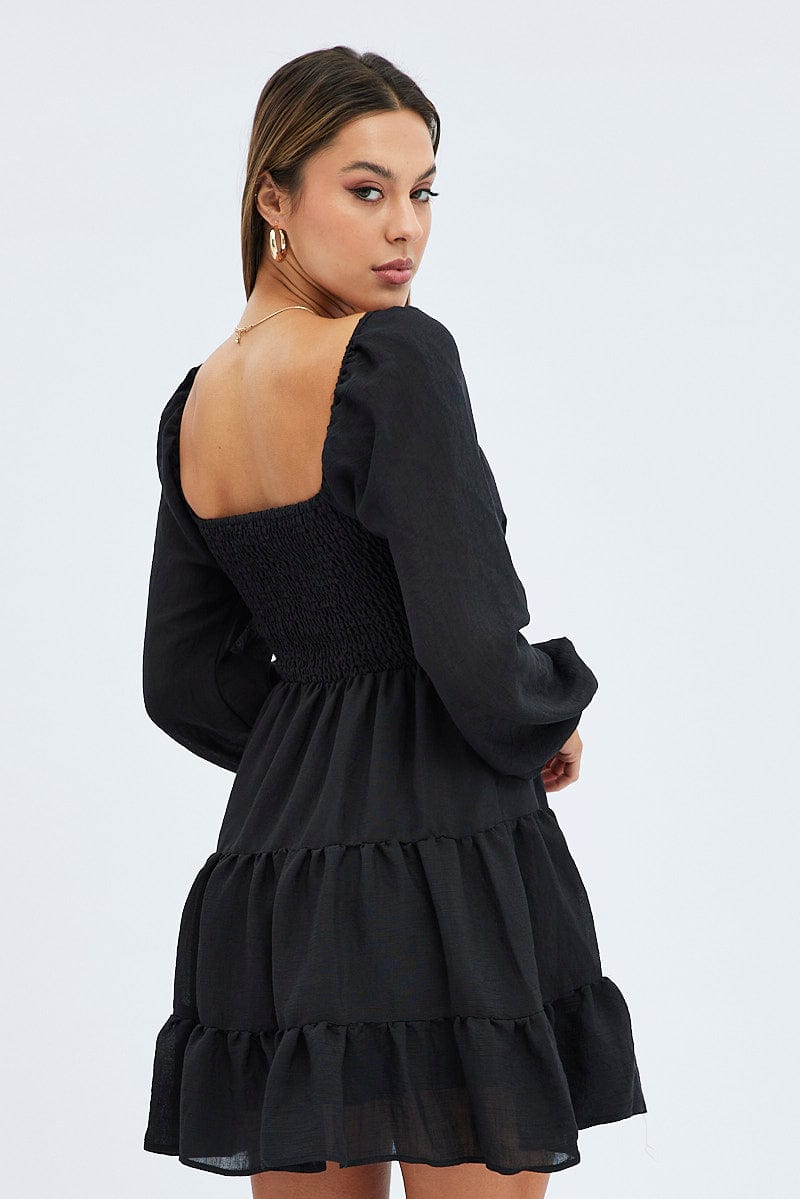 Black Fit and Flare Dress Long Sleeve Tiered for Ally Fashion