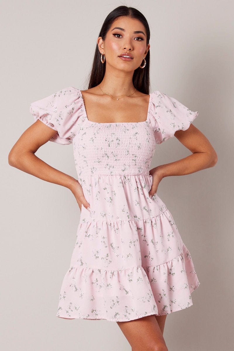 Pink Floral Fit And Flare Dress Puff Sleeve for Ally Fashion