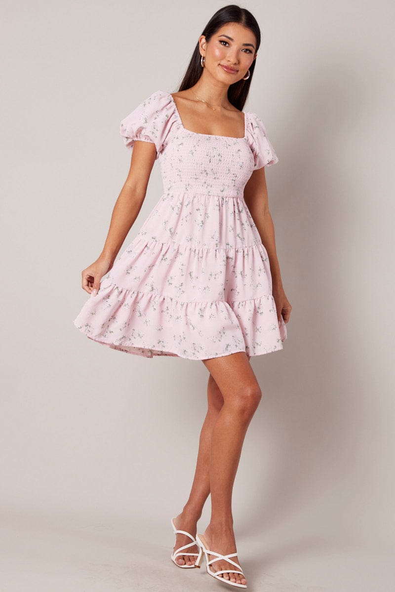 Pink Floral Fit And Flare Dress Puff Sleeve for Ally Fashion
