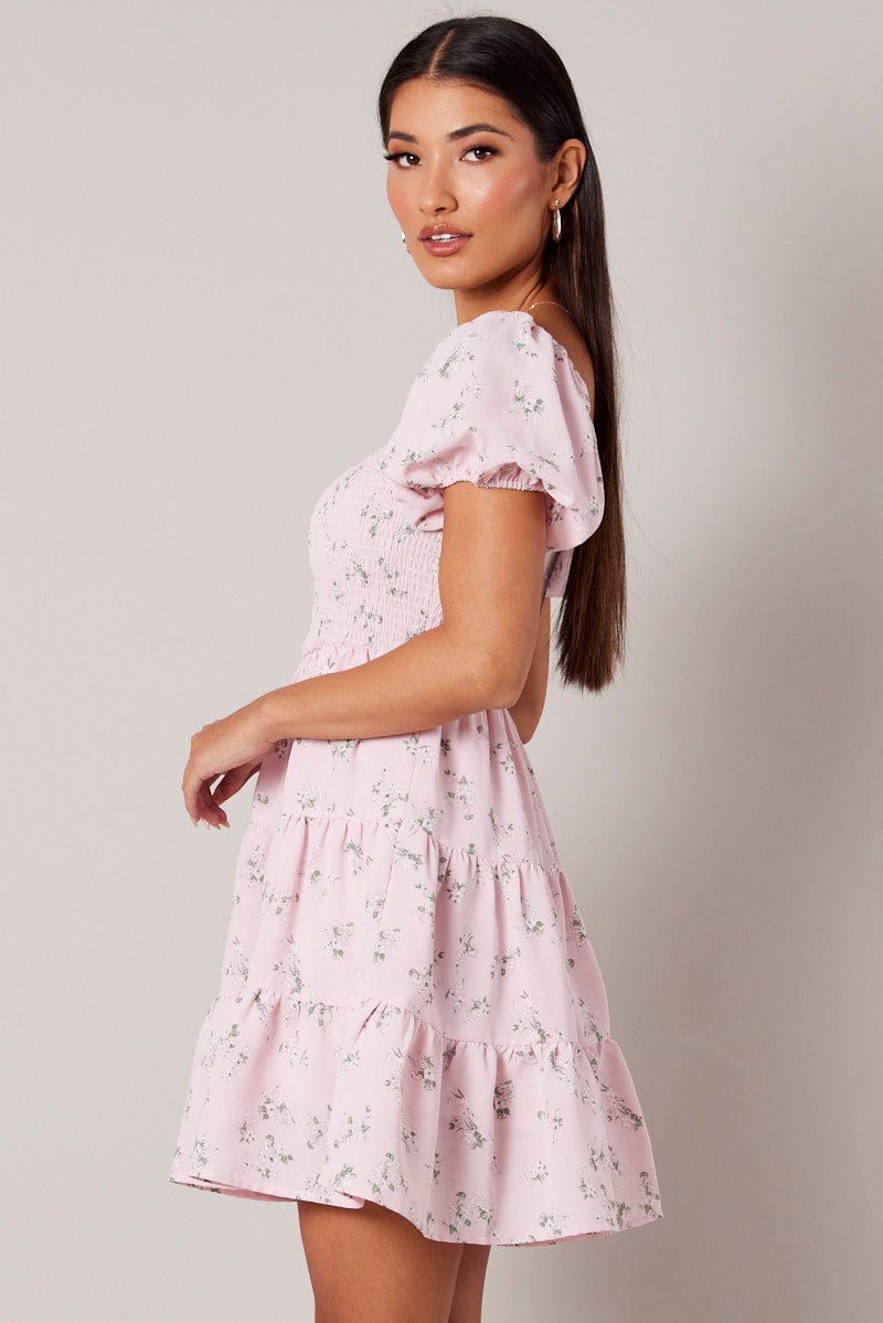 Pink Floral Fit And Flare Dress Puff Sleeve for Ally Fashion