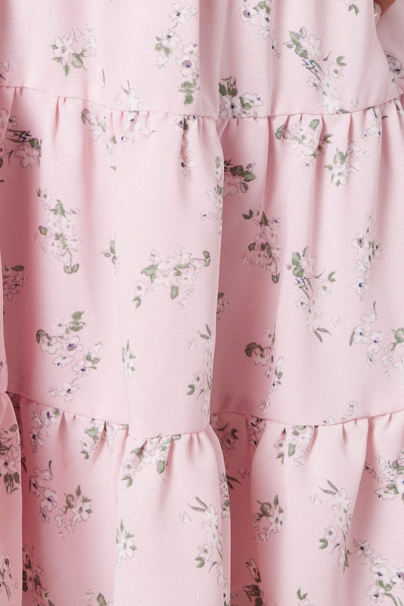 Pink Floral Fit And Flare Dress Puff Sleeve for Ally Fashion