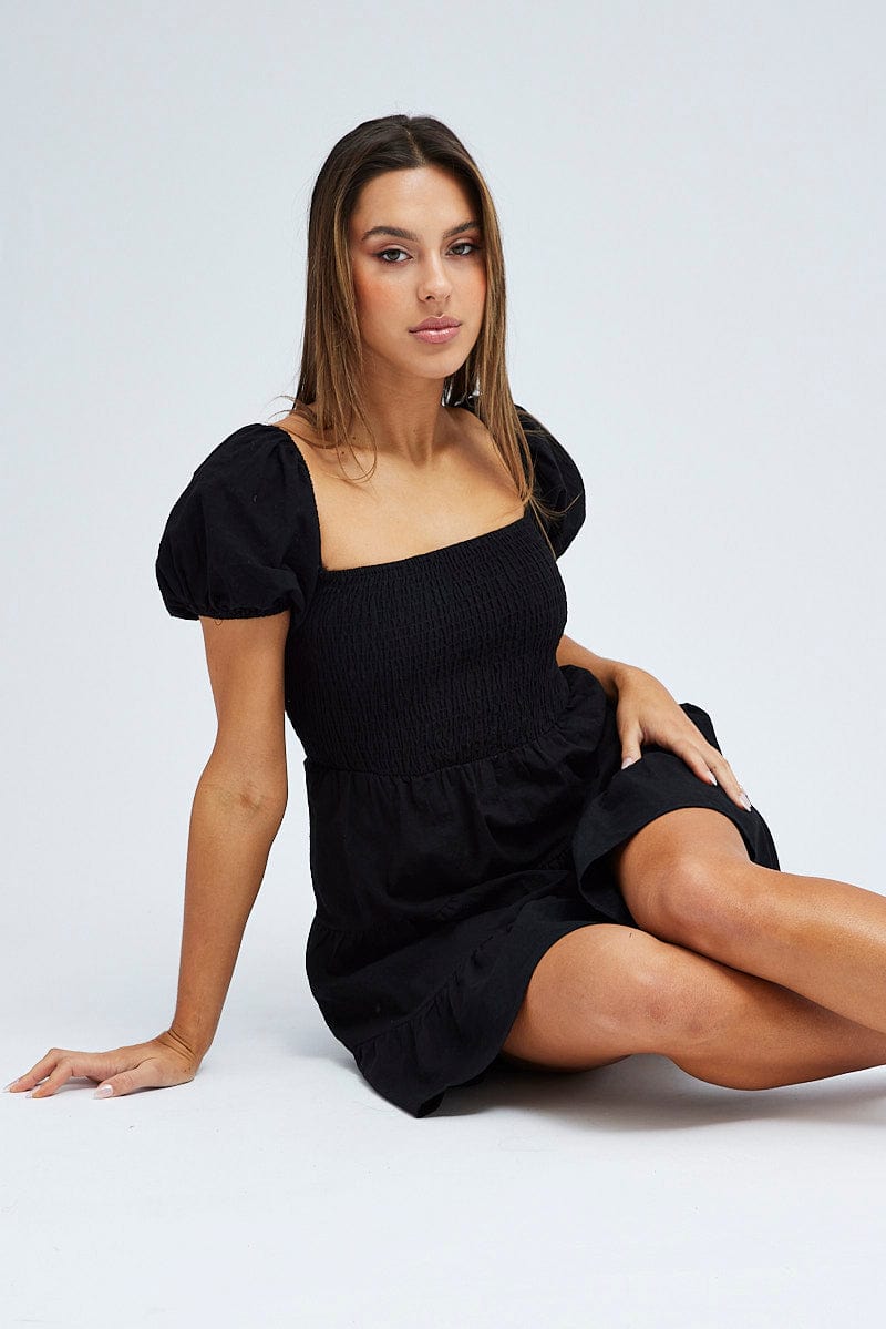 Black Fit and Flare Dress Short Sleeve Shirred for Ally Fashion