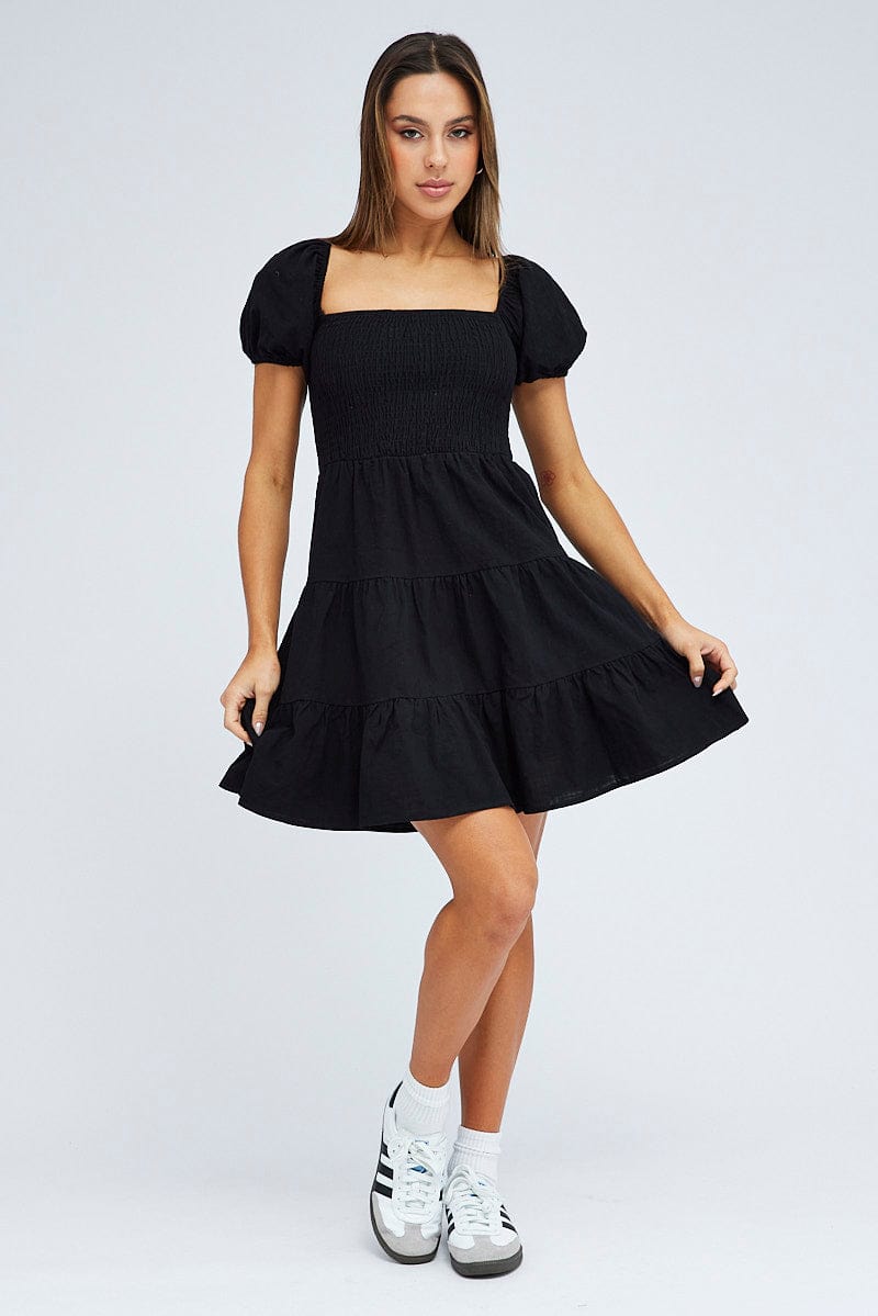 Black Fit and Flare Dress Short Sleeve Shirred for Ally Fashion