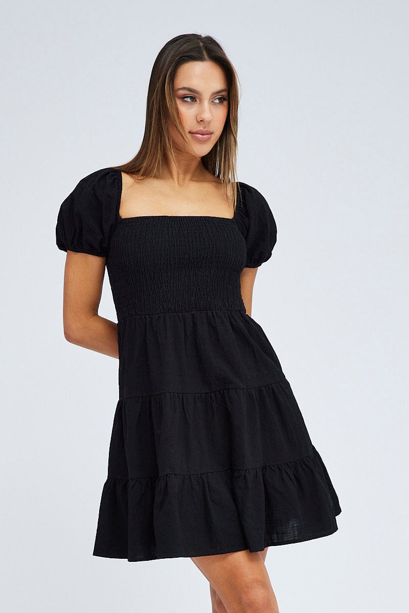 Black Fit and Flare Dress Short Sleeve Shirred for Ally Fashion