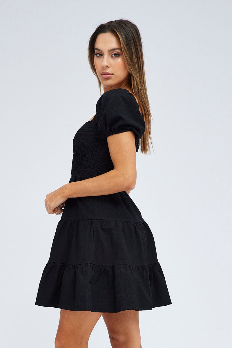 Black Fit and Flare Dress Short Sleeve Shirred for Ally Fashion