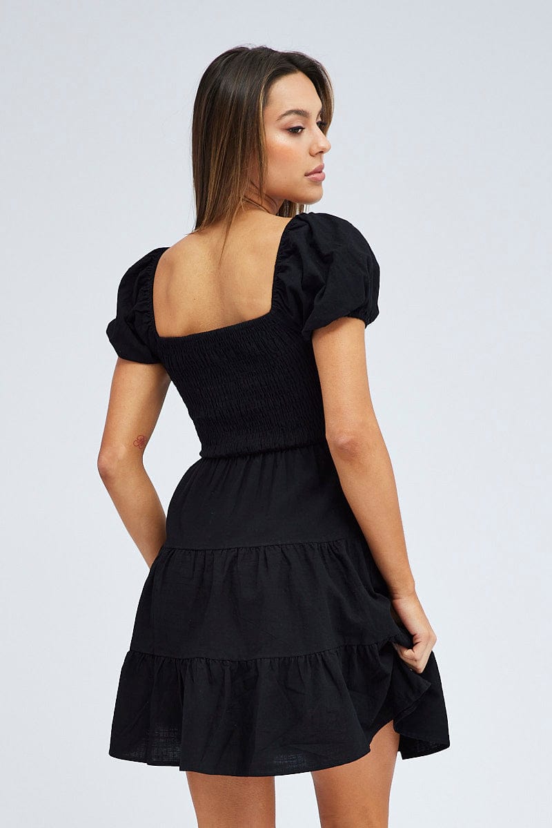 Black Fit and Flare Dress Short Sleeve Shirred for Ally Fashion