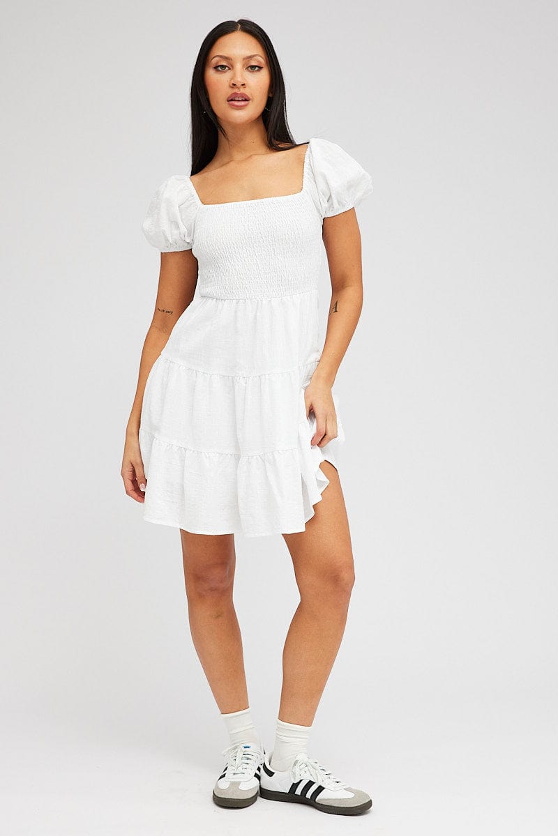 White Fit and Flare Dress Short Sleeve Shirred for Ally Fashion