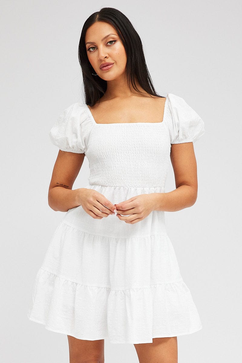 White Fit and Flare Dress Short Sleeve Shirred for Ally Fashion