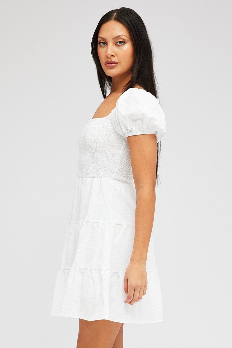 White Fit and Flare Dress Short Sleeve Shirred for Ally Fashion