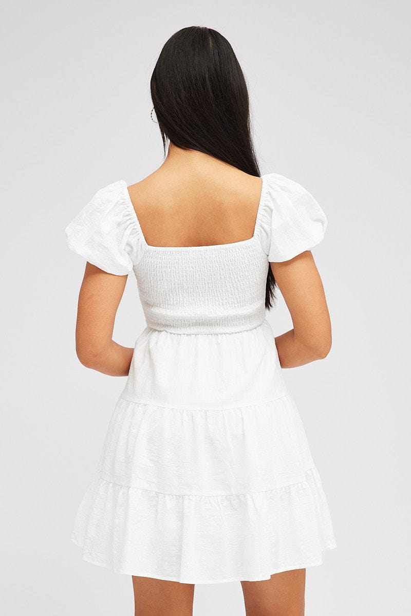 White Fit and Flare Dress Short Sleeve Shirred for Ally Fashion