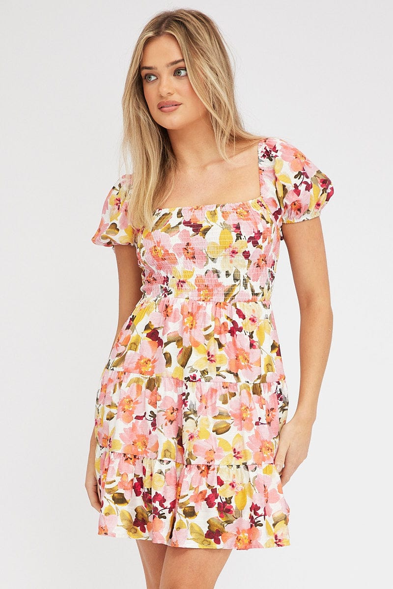 Pink Floral Fit and Flare Dress Short Sleeve Shirred for Ally Fashion