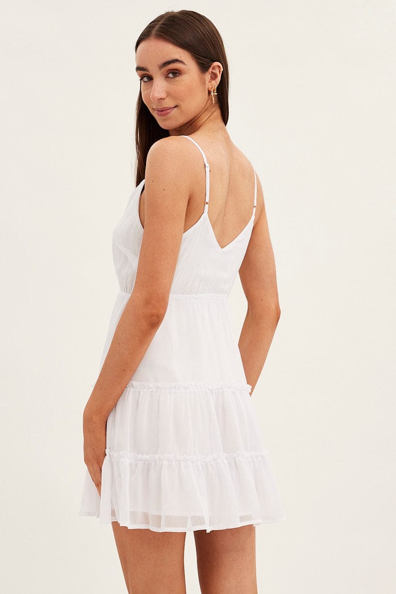 White Tiered Dress V Neck Sleeveless for Ally Fashion