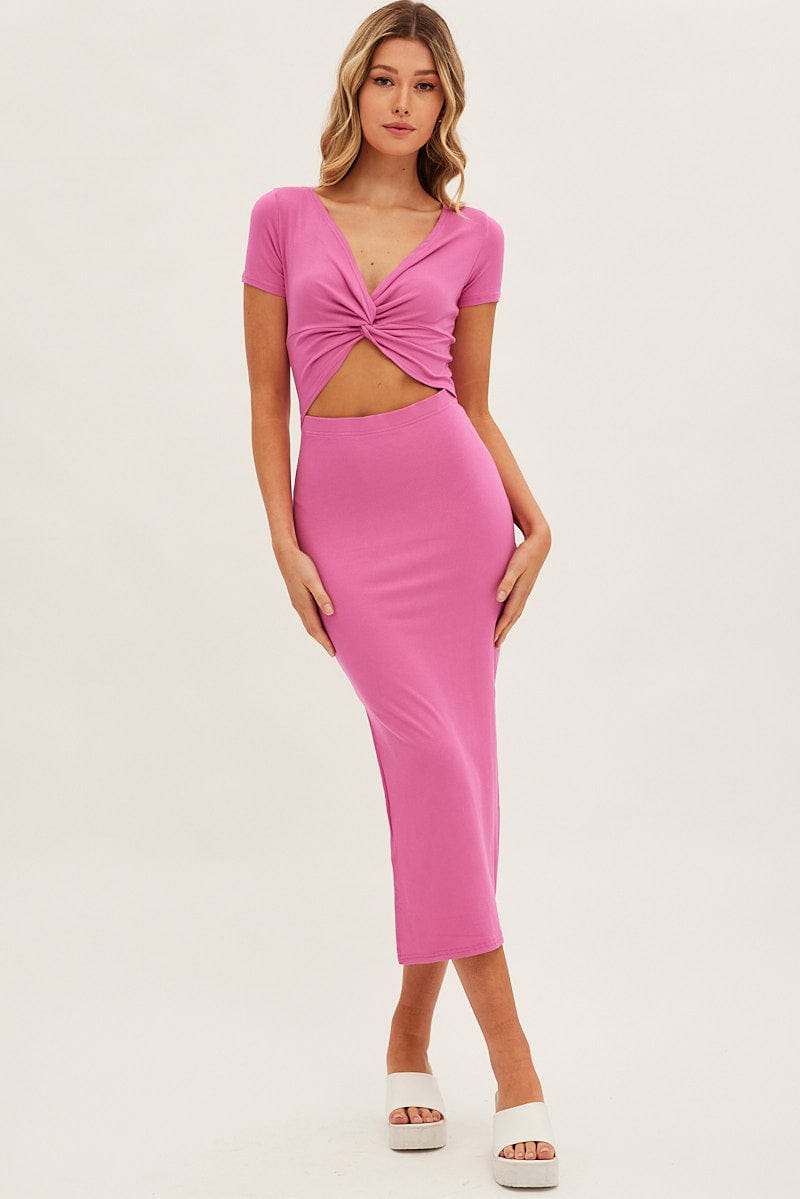 Pink Bodycon Dress Rib Twist Front Cut Out Short Sleeve | Ally Fashion Pink Bodycon Dress Rib Twist Front Cut Out Short Sleeve | Ally Fashion