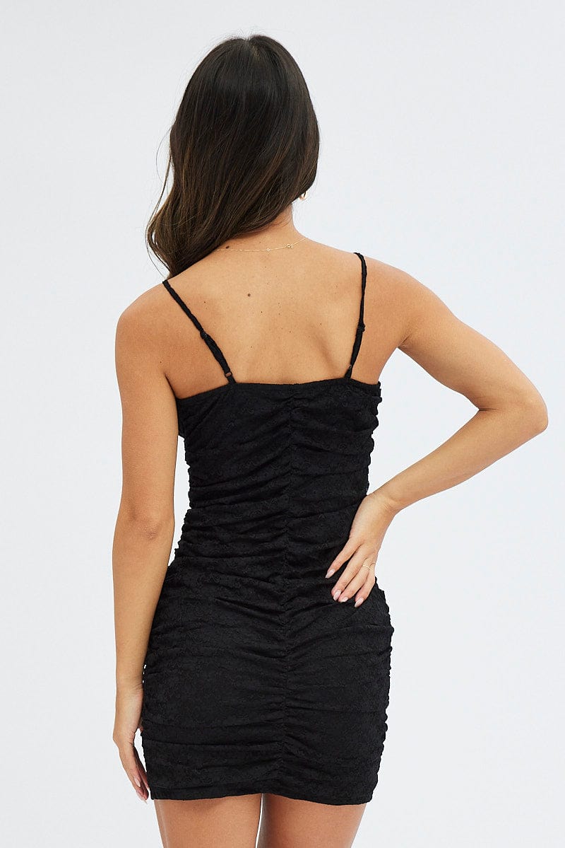 Black Bodycon Dress Sleeveless Ruched Mini Lace for Ally Fashion