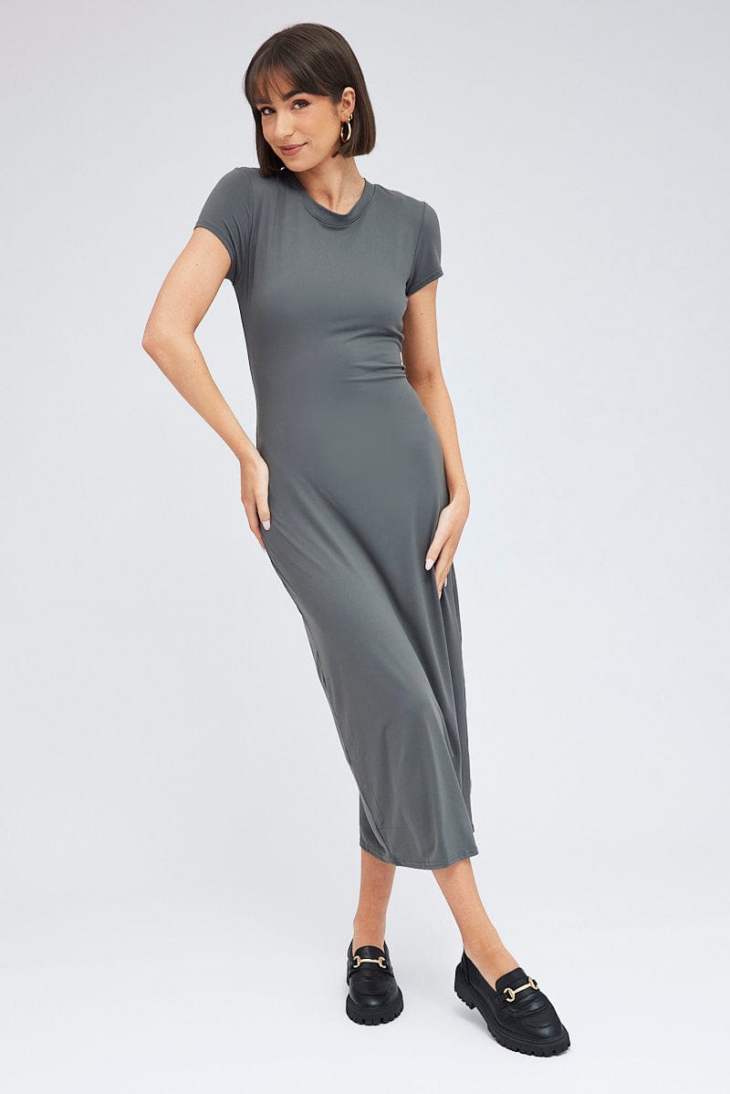 Grey Maxi Dress Short Sleeve Bodycon SuperSoft | Ally Fashion