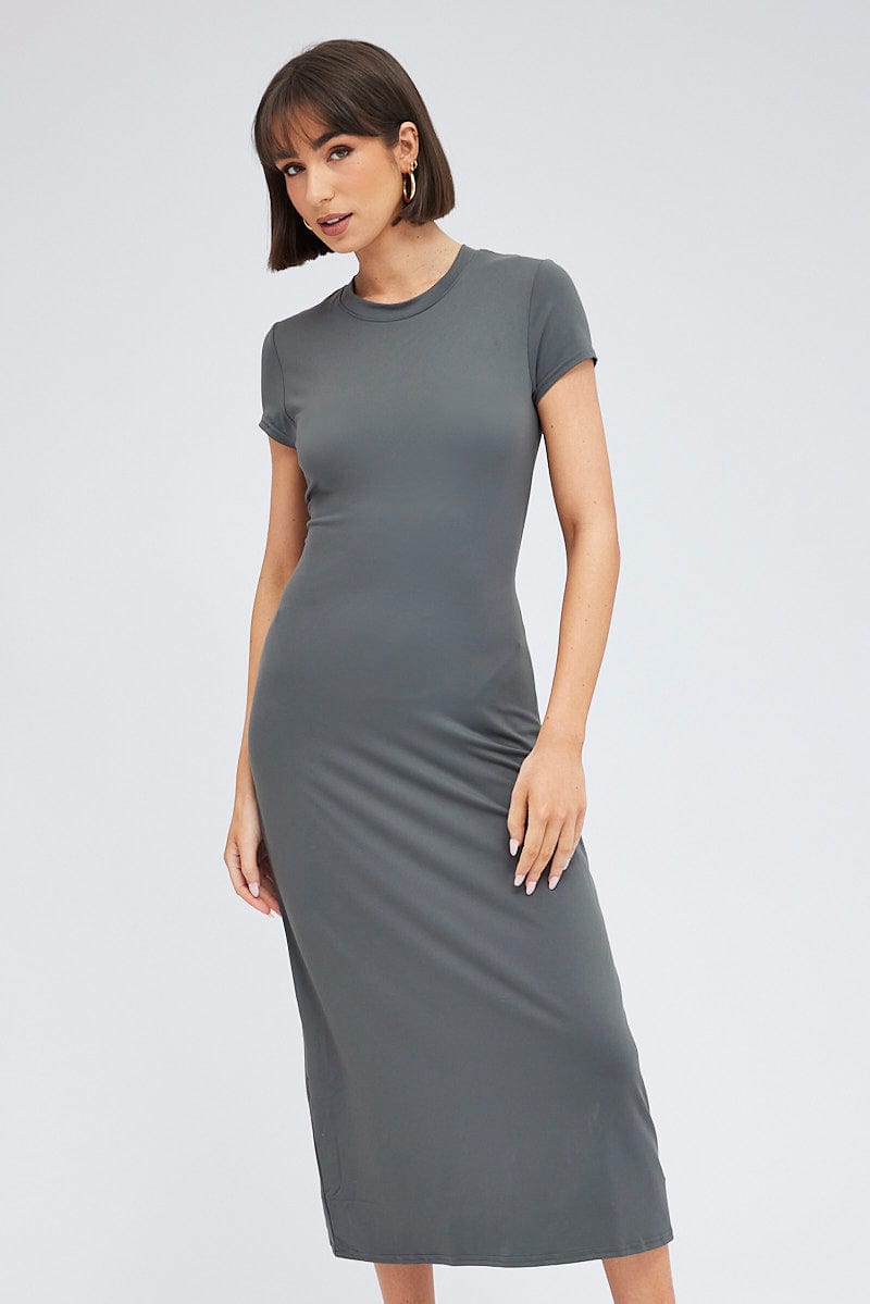Grey Maxi Dress Short Sleeve Bodycon SuperSoft | Ally Fashion