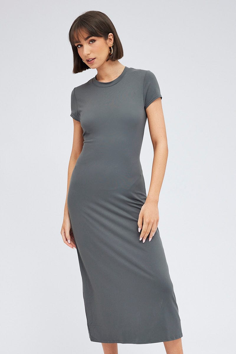 grey bodycon dress maxi Bardot Ruched Maxi Bodycon Dress In Grey | EGO US