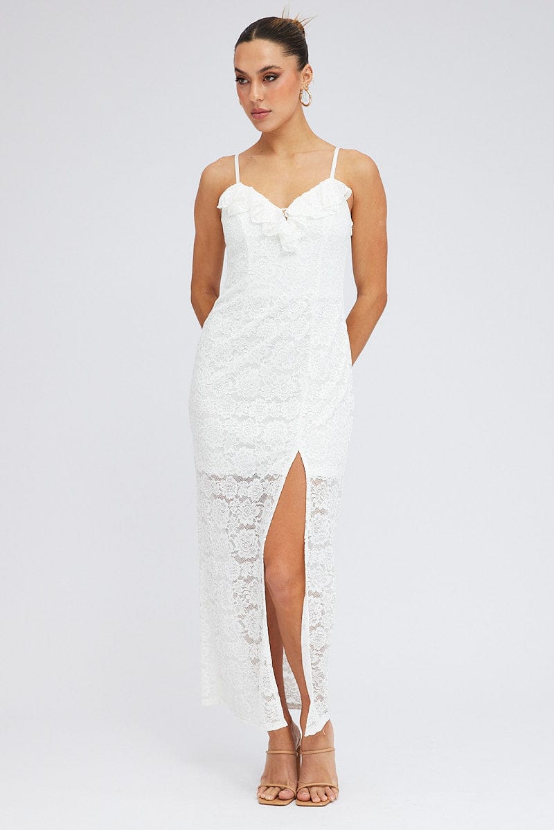 White Maxi Dress Sleeveless Side Split Lace for Ally Fashion