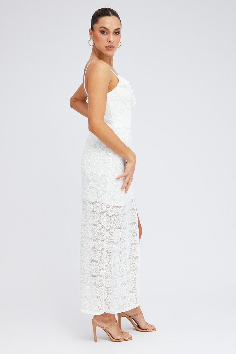 White Maxi Dress Sleeveless Side Split Lace for Ally Fashion