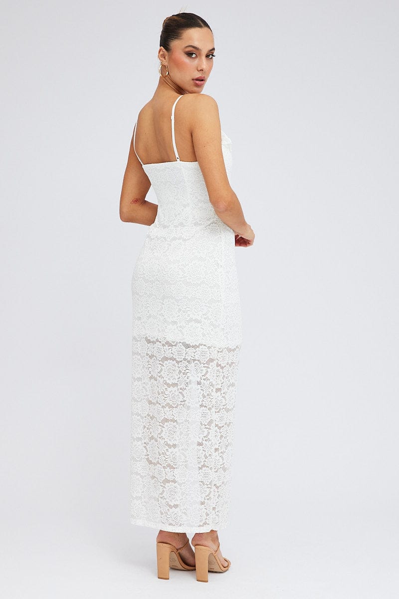 White Maxi Dress Sleeveless Side Split Lace for Ally Fashion