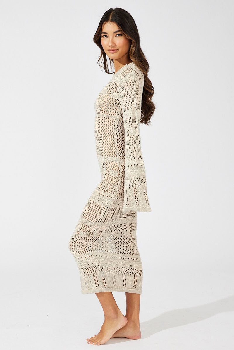 Beige Knit Dress Long Sleeve Crochet for Ally Fashion