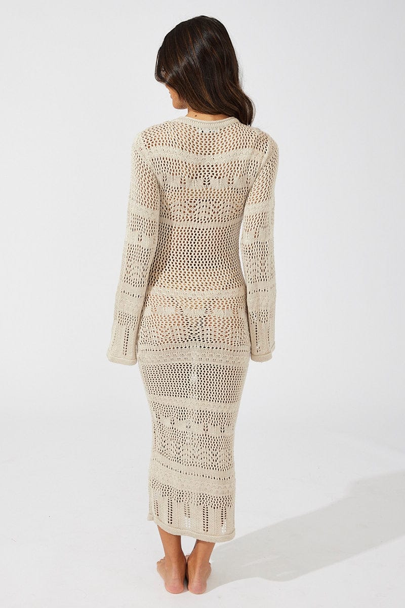 Beige Knit Dress Long Sleeve Crochet for Ally Fashion