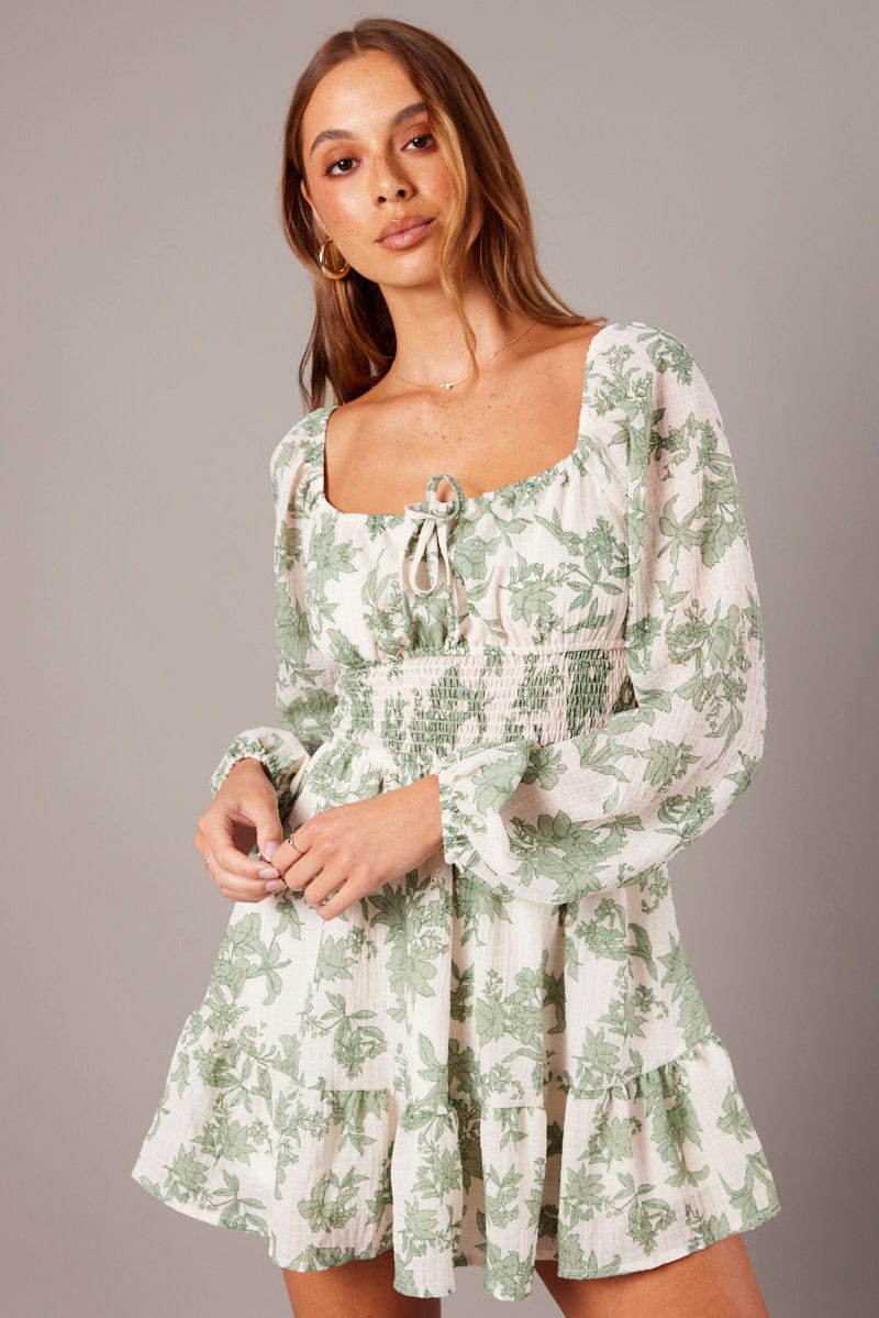 White Floral Fit and Flare Dress Long Sleeve Ruched Bust for Ally Fashion