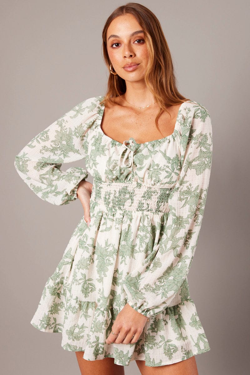 White Floral Fit and Flare Dress Long Sleeve Ruched Bust for Ally Fashion